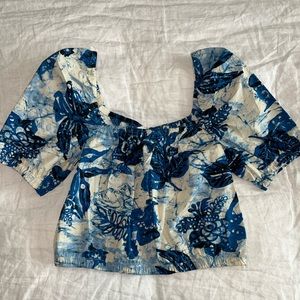 Blue and white square neck crop top